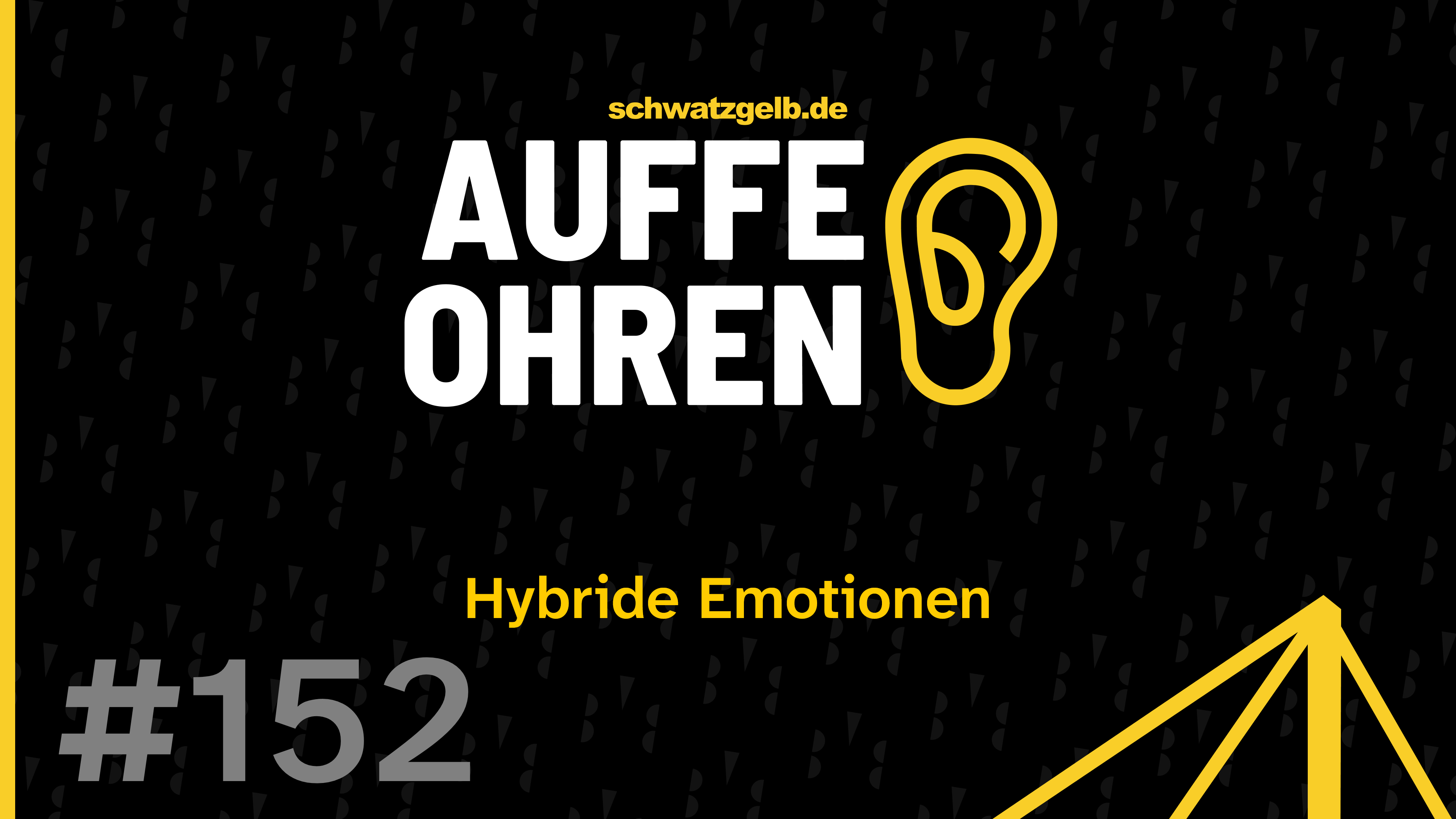 Cover von „Auffe Ohren“, Folge 152, „Hybride Emotionen“: weiße Schrift und gelbes Ohr-Symbol auf schwarzem Grund, Absender schwatzgelb.de.
