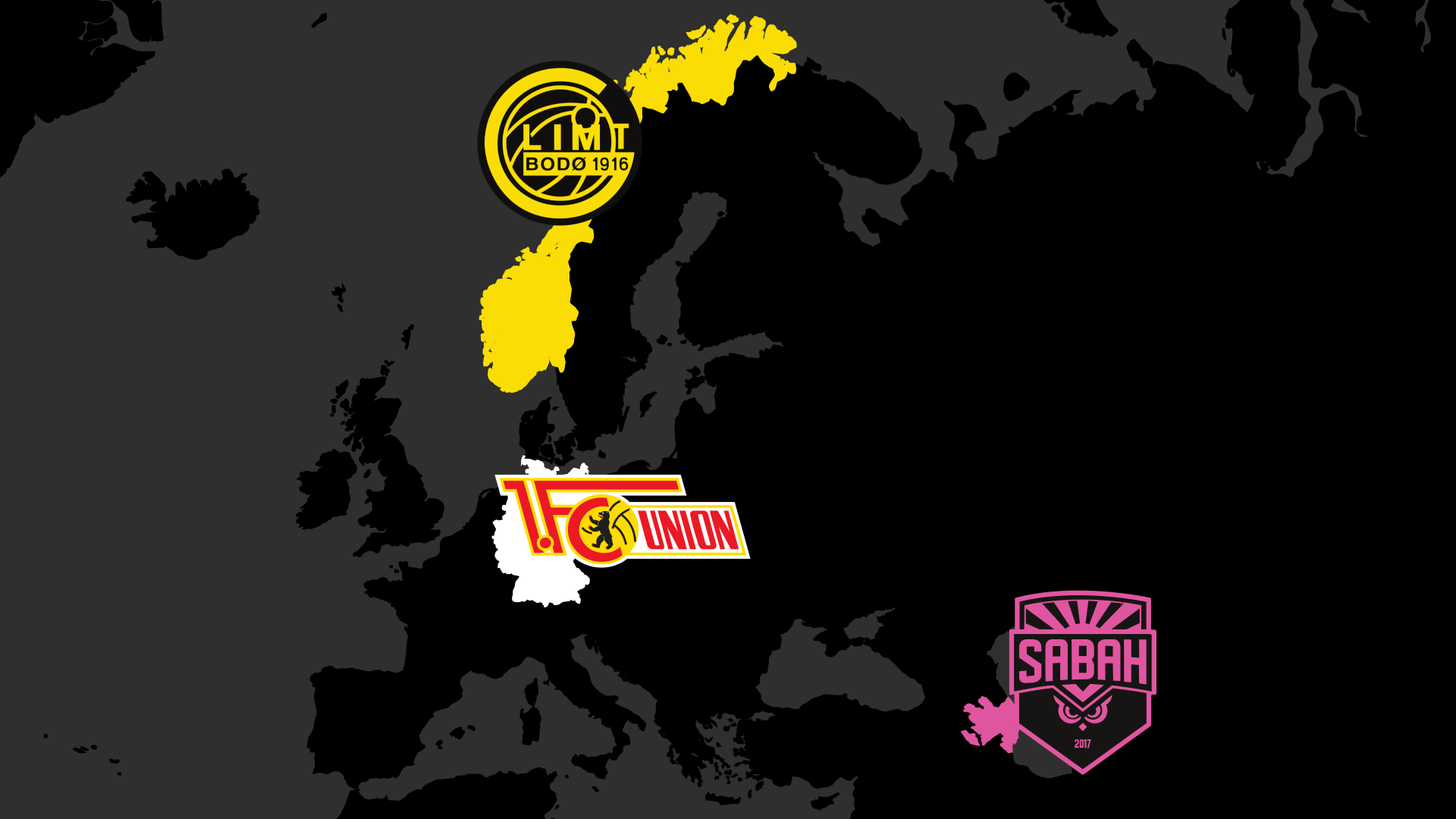 Grafik einer Weltkarte mit dem Logo von Bodo/Glimt, Sabah FK und Union Berlin am jeweiligen Ort