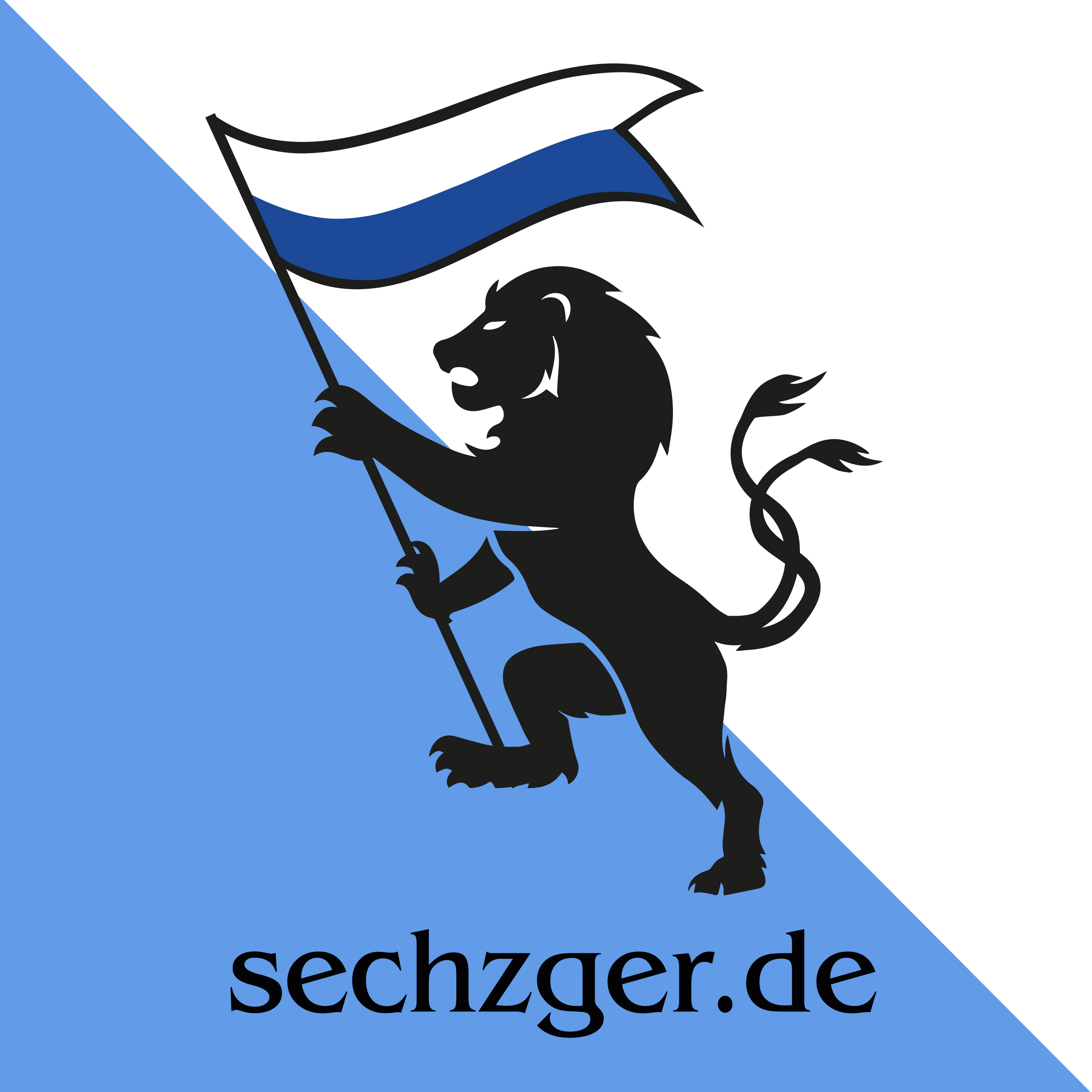 Ein stehender Löwe mit langem Schwanz der nach links schaut. In seinen pfoten trägt er einen Fahnen. Sie ist weiß mit einem blauen Streifen über die ganze Fahne