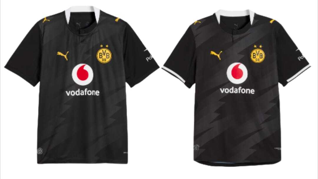 Eine Fotomontage, die die Authentic- und Replica-Version des BVB-Auswärtstrikots 2026/27 nebeneinander zeigt. Ein optischer Unterschied ist deutlich erkennbar. So hat die Replica-Version nicht den markanten weißen Ärmelkragen der Authentic-Version.